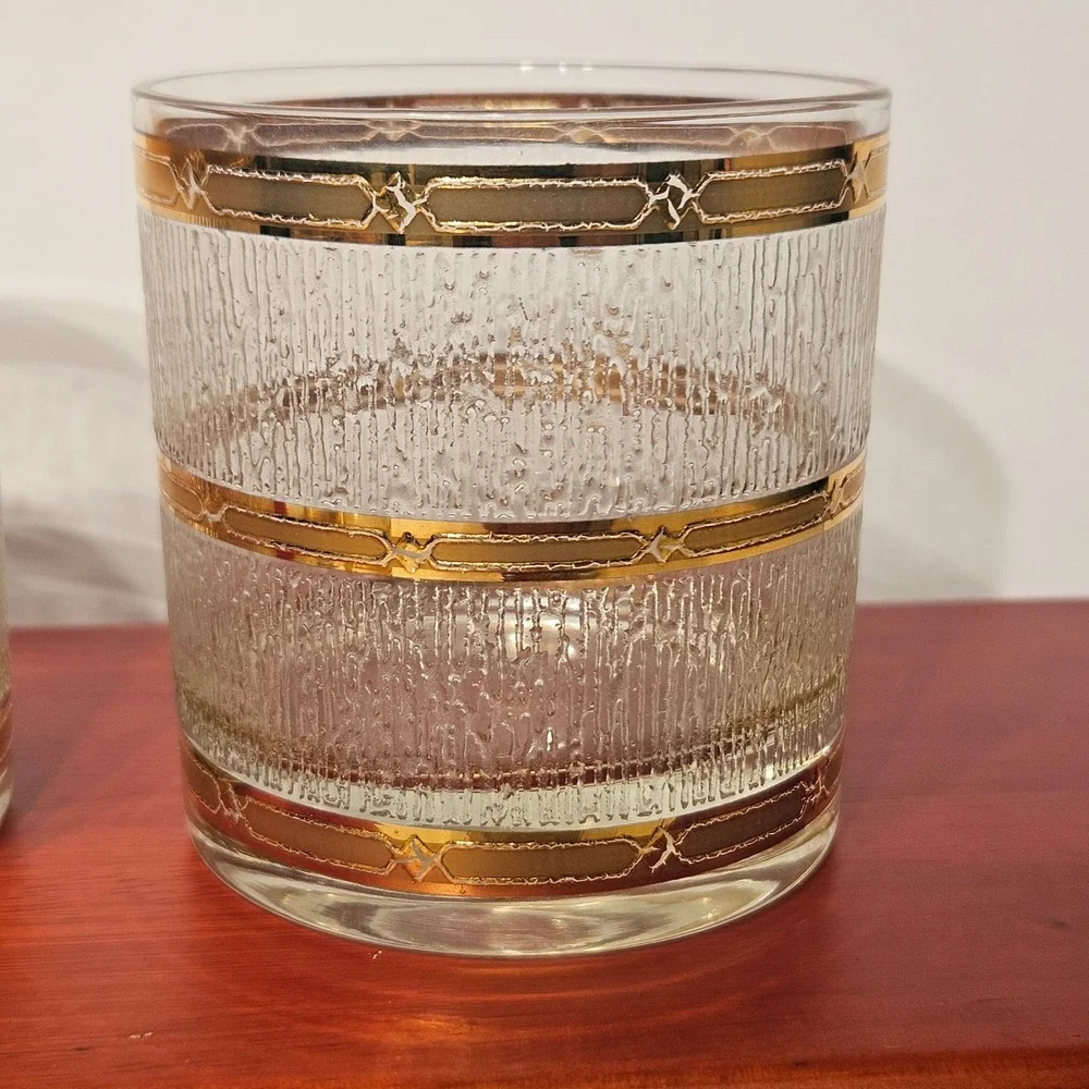 Vintage MCM Gold Banded Bark Textured Whiskey Lowball Glasses Set‎ of 2 Rocks